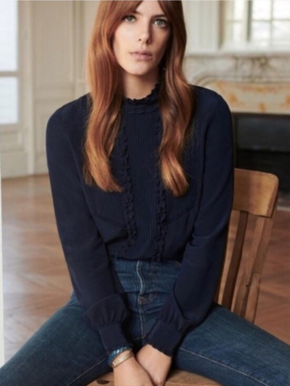 Sezane Jules Navy 100% Silk Blouse, Ruffle High Collar EU40
